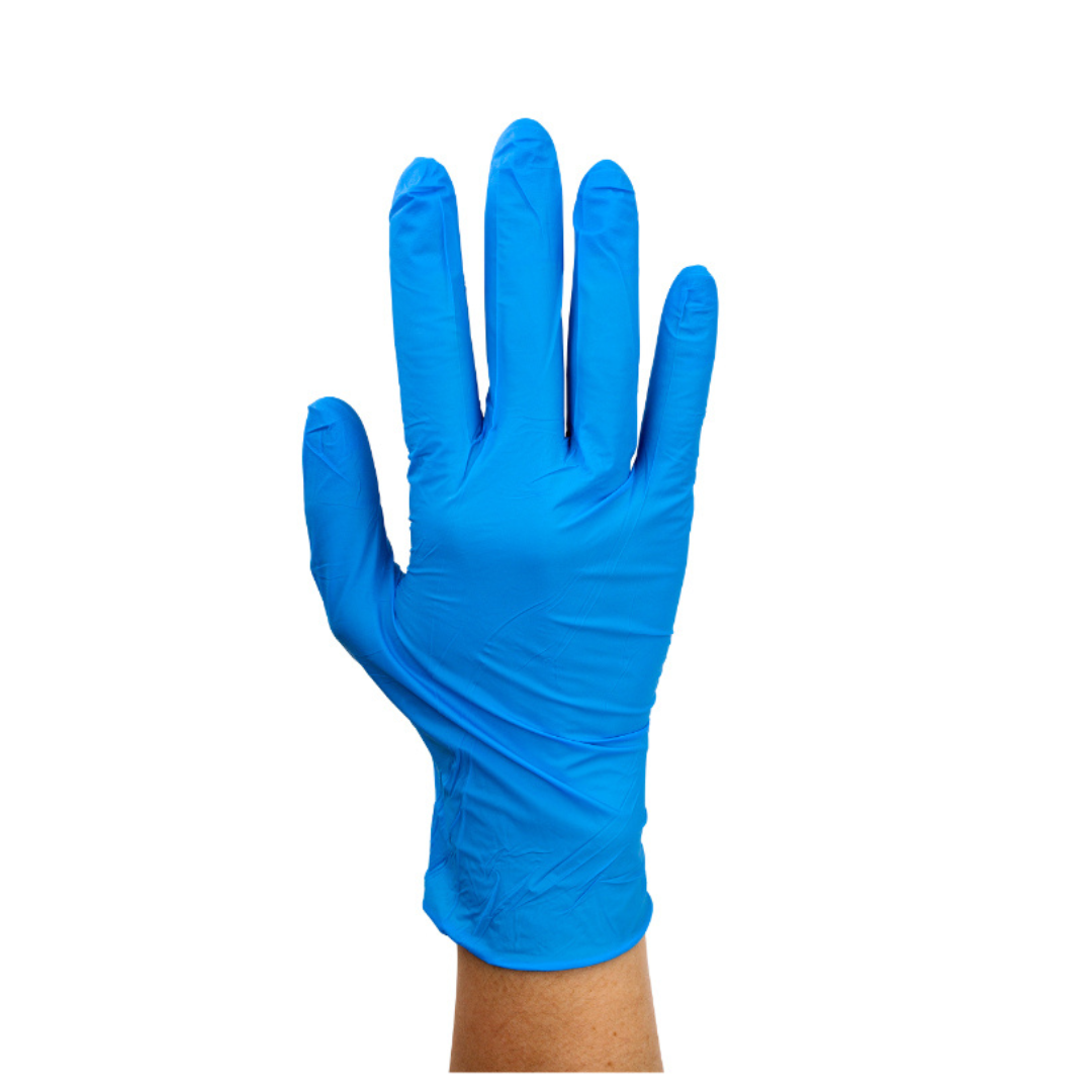 A right hand wearing a Dynarex Safe-Touch Blue Nitrile Exam Glove, Powder-Free, is held up against a plain white background.
